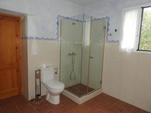 a bathroom with a toilet and a glass shower at Holiday Home Finca SANT JAUME in Alaior