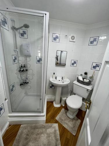 uma casa de banho com um chuveiro, um WC e um lavatório. em Garden Place em Clevedon
