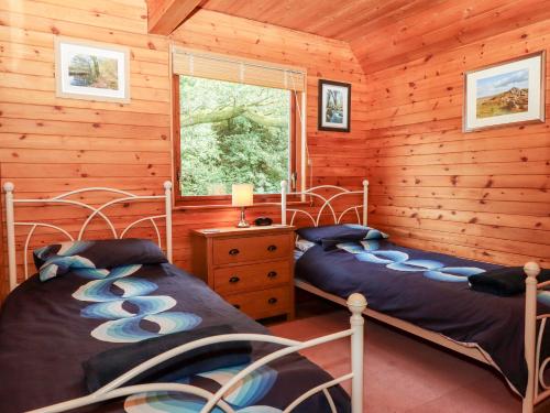 2 letti in una camera da letto in una baita di tronchi con finestra di Trout River Retreat a Exeter
