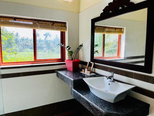 een badkamer met een wastafel en een spiegel bij Maadathil Cottages & Beach Resort in Varkala