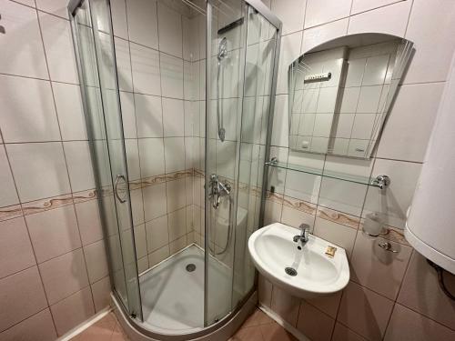 bagno con doccia e lavandino di Ramada 2 - Apartment a Bansko