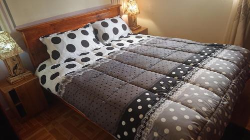 a bed with polka dot sheets and pillows in a bedroom at Residential Superb Rooms, With Wifi, Netflix, Parking, Kitchen in Kampala
