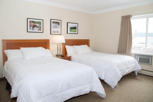 two beds in a hotel room with white sheets at Twin Pine Inn & Suites in Hinton
