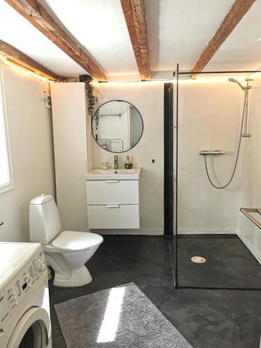 e bagno con servizi igienici, lavandino e doccia. di Cozy apartment near city centre a Stavanger