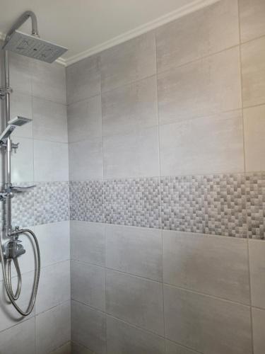 y baño con ducha y pared de azulejos. en LUCA tetőtéri Apartman, en Pápa