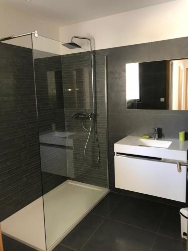 a bathroom with a shower and a sink at Villa Récente avec Piscine proche L'ILE ROUSSE in Ville-di-Paraso