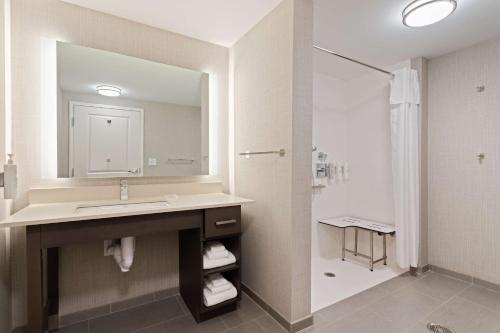 uma casa de banho com um lavatório, um espelho e um chuveiro em Homewood Suites By Hilton Panama City Beach, Fl em Panama City Beach