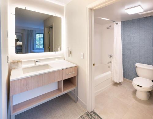 a bathroom with a sink and a toilet and a mirror at Homewood Suites by Hilton Atlanta Buckhead Pharr Road in Atlanta