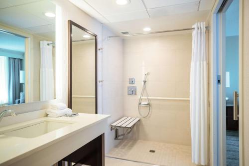 a bathroom with a sink and a shower at Hampton Inn & Suites Downers Grove Chicago in Downers Grove