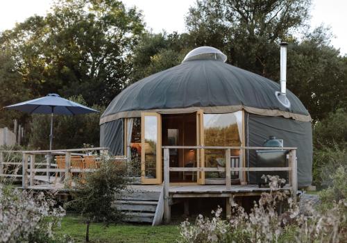 a gazebo in a garden with an umbrella at Tree Field Yurt at Moor Farm in Godshill