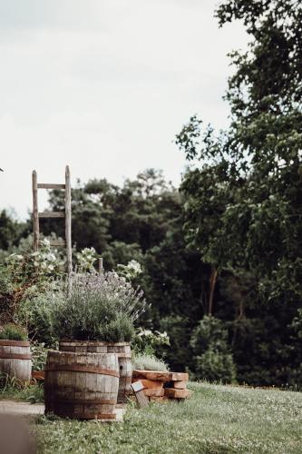 a garden with two large barrels with plants in it at Ecological farm Makrobios Panonija in Gornji Petrovci