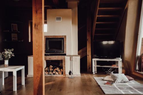 a living room with a fireplace and a tv at Makrobios Panonija in Gornji Petrovci