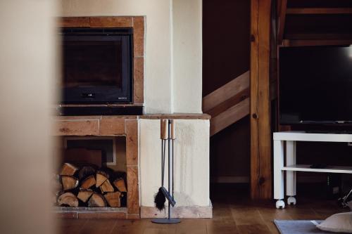 a fireplace with a tv on top of it at Ecological farm Makrobios Panonija in Gornji Petrovci