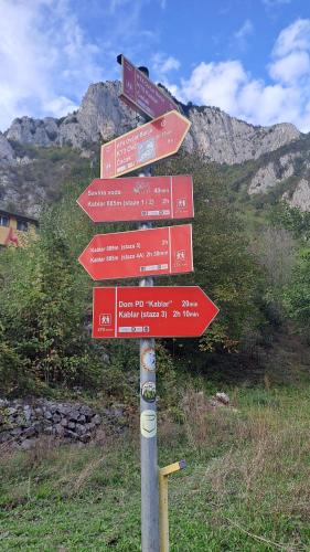 a street sign with red signs on a pole at Brvnara Morava in Ovčar Banja