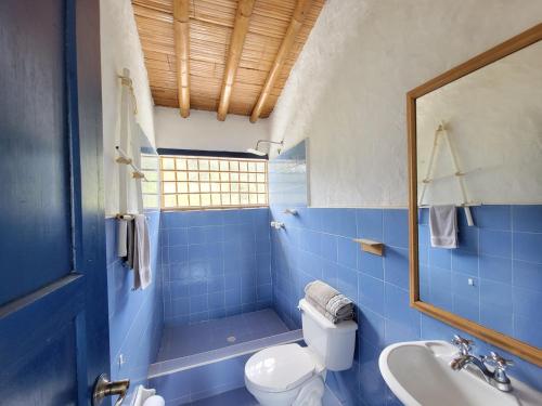 Baño azul con aseo y lavamanos en Mountain view house, en Sasaima