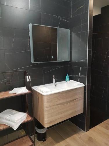 une salle de bain avec un lavabo et un miroir dans l'établissement L'Escapade T1 de 30 m2 neuf., à Granville