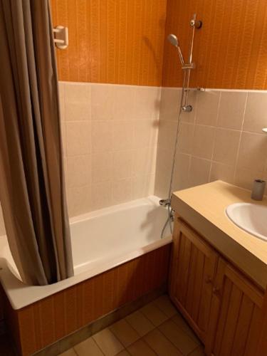 une salle de bain avec une baignoire, un lavabo et une douche dans l'établissement STUDIO 4 PERSONNES PIED DES PISTES AU RDC AVEC TERRASSE, à Saint-Léger-les-Mélèzes