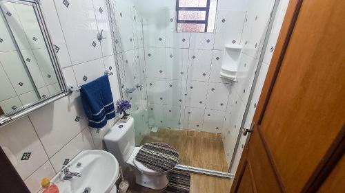 a small bathroom with a toilet and a sink at Chalé Sitio Carazal - Paz e Sossego junto a Natureza 