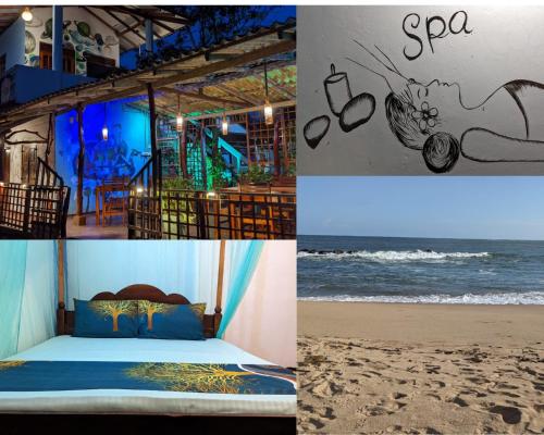 eine Collage mit Fotos mit Bett und Strand in der Unterkunft Canoe Beach House & Spa in Tangalle