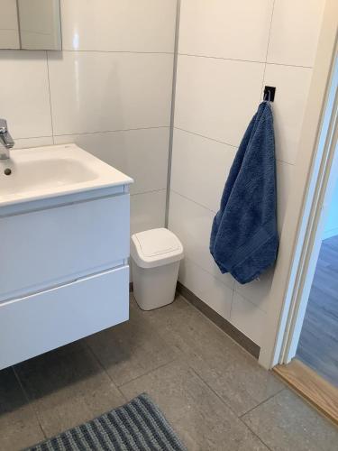 a bathroom with a sink and a toilet and a towel at SylviaBo i Skien sentrum in Skien