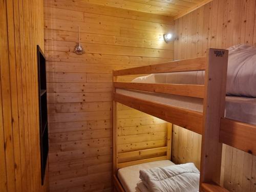 - une chambre avec 2 lits superposés dans une cabane en bois dans l'établissement Studio rénové skis aux pieds, balcon vue Mont-Blanc, 4 pers. - FR-1-181-2558, à Aime La Plagne
