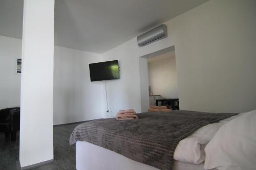 a bedroom with a bed and a tv on the wall at Trdlovy Apartmány a Chata Tatranec v areálu Jaškovské krčmy in Horní Těrlicko