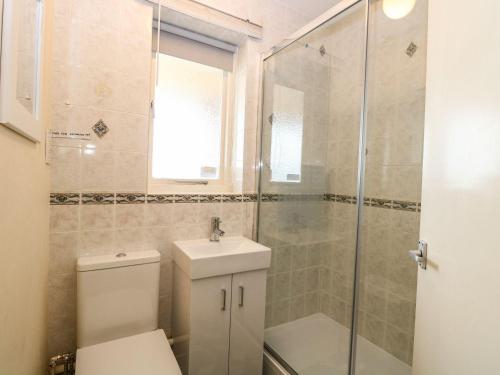 a bathroom with a toilet and a glass shower at Beach Croft in Lowestoft