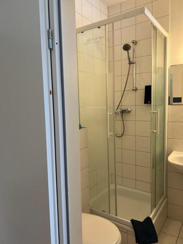 a bathroom with a shower and a toilet at Top of Hostel &Serviced Aparts SEBO Pension in Fürth
