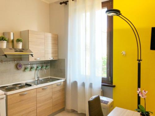 una cucina con lavandino e finestra di La Borasca - Apartments a Casalpusterlengo