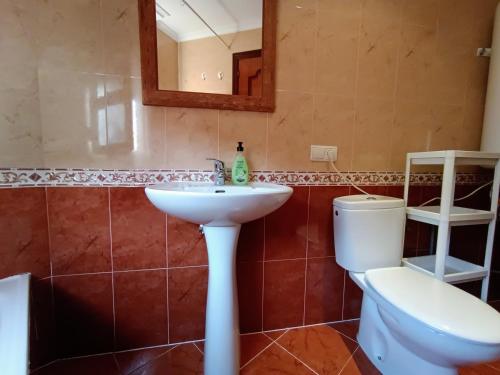 a bathroom with a toilet and a sink and a mirror at El Portazgo Restaurante Hostal La Cisterniga in La Cistérniga