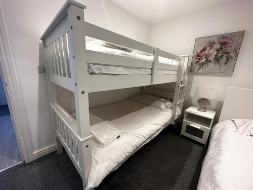 a white bunk bed in a room with a bed at Evergreen Lodge - Two Bed Lux Flat - Parking, Garden, Patio, WIFI, Netflix - Close to Blenheim Palace & Oxford - F3 in Kidlington