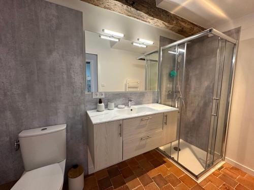een badkamer met een douche, een toilet en een wastafel bij LE RELAIS DU ROY - Maison proche Cholet et Puy dufou 