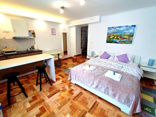 Il comprend une chambre avec un lit, un bureau et une cuisine. dans l'établissement Studio apartmani L'ART, à Zagreb