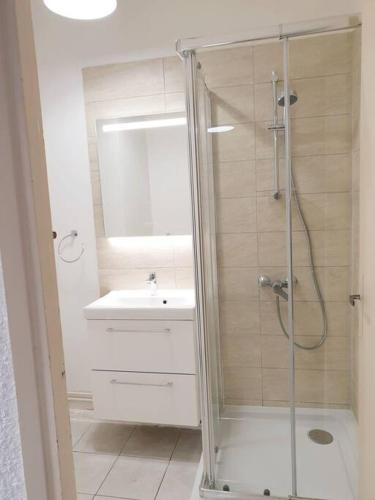 une salle de bain avec douche et lavabo dans l'établissement hyper-centre plage à 100 mètres, à Valras-Plage