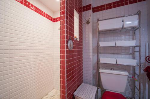 a bathroom with a toilet and a red tile wall at Le charmant in Bussy-Saint-Georges