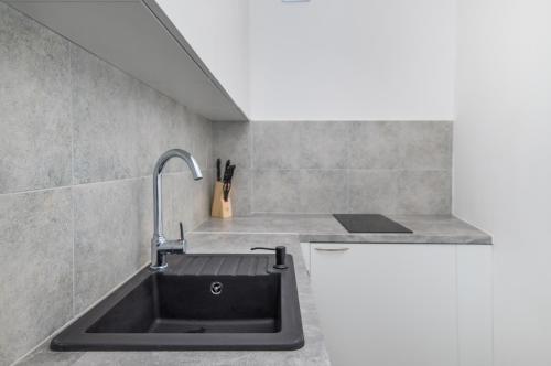 uma cozinha com um lavatório e um balcão em Apartament Dworcowa 24 em Gliwice