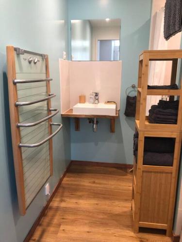 La salle de bains est pourvue d'un lavabo, d'un miroir et d'une échelle. dans l'établissement La Maison d'à Coté, à Saint-Georges-sur-Cher