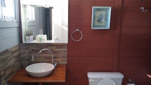 La salle de bains est pourvue d'un lavabo et de toilettes. dans l'établissement EL ARRABAL, à Uspallata
