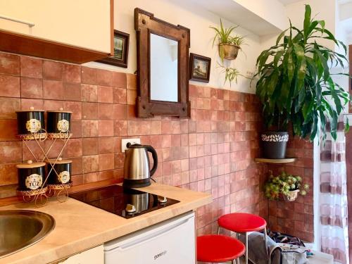 een keuken met een wastafel en een spiegel aan de muur bij The Way Up in Kotor
