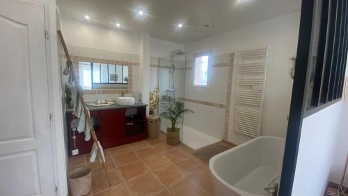 une salle de bain avec une baignoire et un lavabo et une baignoire dans l'établissement Maison CAUVIERE, à Marseille
