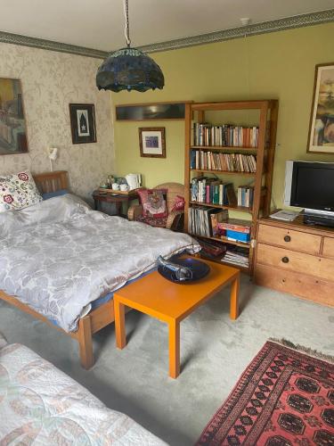 um quarto com uma cama, uma mesa e uma televisão em Bellhay Orchard em Glastonbury