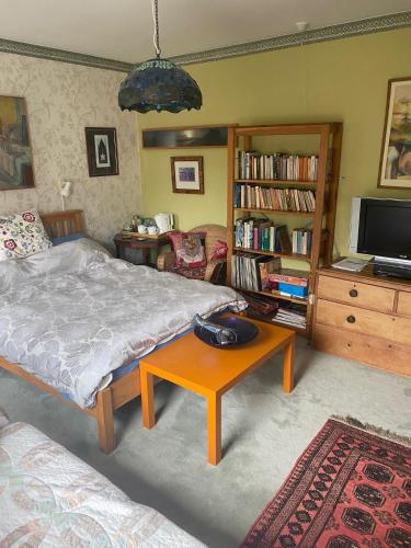 a bedroom with a bed and a table and a tv at Bellhay Orchard in Glastonbury