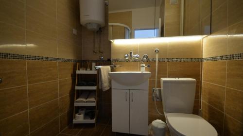 bagno con lavandino, servizi igienici e specchio di Nia Lux Apartman a Belgrado