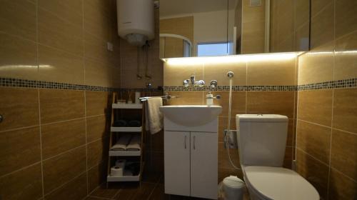 a bathroom with a sink and a toilet and a mirror at Nia Lux Apartman in Belgrade