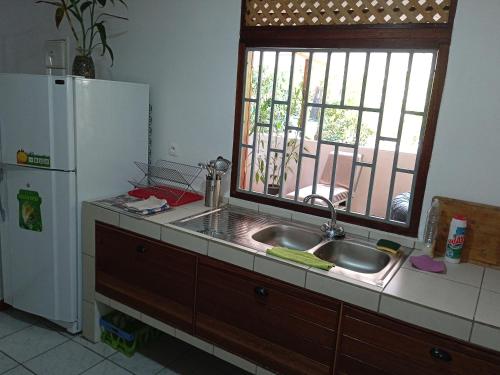 a kitchen with a sink and a refrigerator and a window at MO TI KOTÉ in Cayenne