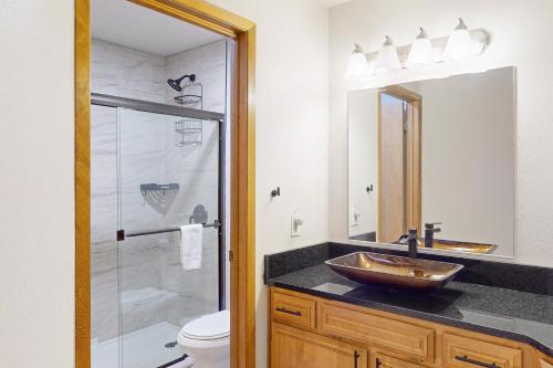 een badkamer met een wastafel en een glazen douche bij Wildflower C-9 101 in Sandpoint