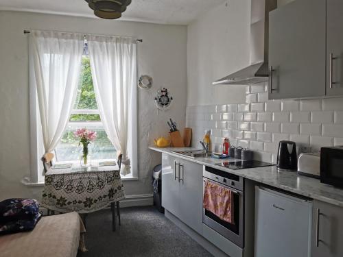 a kitchen with a sink and a window with a table at Freedom Park Villas, Plymouth in Plymouth