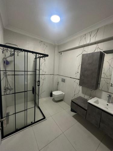 a bathroom with a shower and a sink and a toilet at Butik suit 3 in Döngel