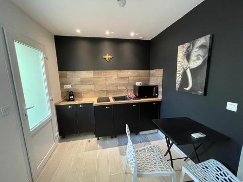 une cuisine avec un évier et une table avec des chaises dans l'établissement Studio M romantisme et élégance, à Pézenas