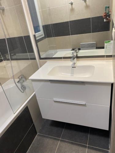 une salle de bain avec un lavabo blanc et une douche dans l'établissement MAISONNETTE LOZARI 4 PERS PROCHE L'ILE ROUSSE, à Belgodère